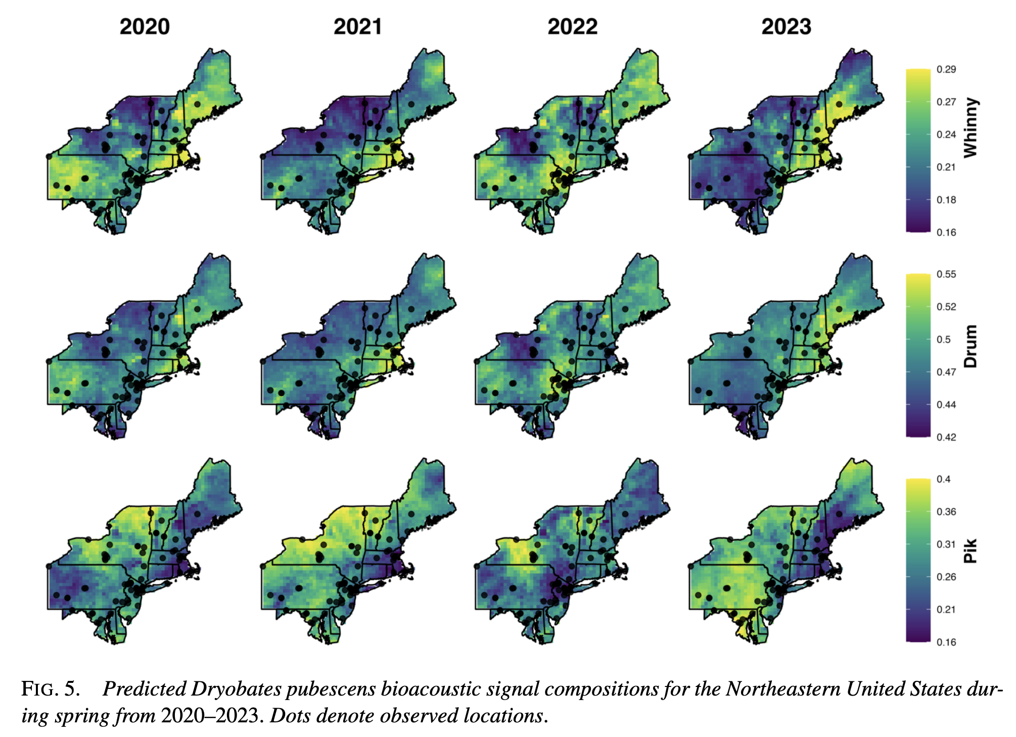 Predicted spatial patterns of downy woodpecker vocalizations